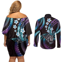 Hawaii Shaka Sign Couples Matching Off Shoulder Short Dress and Long Sleeve Button Shirt Fantastic Frangipani Amethyst Gradient