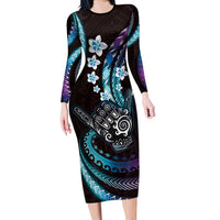 Hawaii Shaka Sign Family Matching Long Sleeve Bodycon Dress and Hawaiian Shirt Fantastic Frangipani Amethyst Gradient