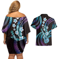 Hawaiian Ukulele Couples Matching Off Shoulder Short Dress and Hawaiian Shirt Amethyst Gradient Fantastic Plumeria