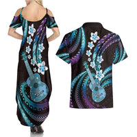 Hawaiian Ukulele Couples Matching Summer Maxi Dress and Hawaiian Shirt Amethyst Gradient Fantastic Plumeria