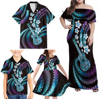 Hawaiian Ukulele Family Matching Off Shoulder Maxi Dress and Hawaiian Shirt Amethyst Gradient Fantastic Plumeria