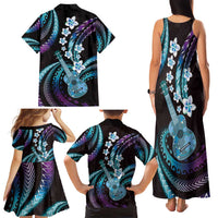 Hawaiian Ukulele Family Matching Tank Maxi Dress and Hawaiian Shirt Amethyst Gradient Fantastic Plumeria