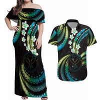 Hawaii Map Kanaka Maoli Couples Matching Off Shoulder Maxi Dress and Hawaiian Shirt Fantastic Frangipani Chartreuse Cyan