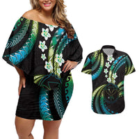 Hawaii Map Kanaka Maoli Couples Matching Off Shoulder Short Dress and Hawaiian Shirt Fantastic Frangipani Chartreuse Cyan LT01 Cyan - Polynesian Pride