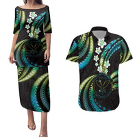 Hawaii Map Kanaka Maoli Couples Matching Puletasi and Hawaiian Shirt Fantastic Frangipani Chartreuse Cyan LT01 Cyan - Polynesian Pride