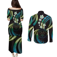 Hawaii Map Kanaka Maoli Couples Matching Puletasi and Long Sleeve Button Shirt Fantastic Frangipani Chartreuse Cyan LT01 - Polynesian Pride