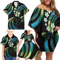 Hawaii Map Kanaka Maoli Family Matching Off Shoulder Short Dress and Hawaiian Shirt Fantastic Frangipani Chartreuse Cyan