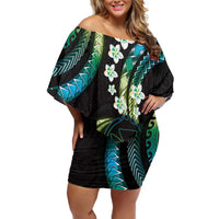 Hawaii Map Kanaka Maoli Family Matching Off Shoulder Short Dress and Hawaiian Shirt Fantastic Frangipani Chartreuse Cyan