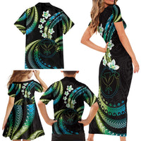 Hawaii Map Kanaka Maoli Family Matching Short Sleeve Bodycon Dress and Hawaiian Shirt Fantastic Frangipani Chartreuse Cyan