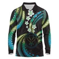 Hawaii Map Kanaka Maoli Long Sleeve Polo Shirt Fantastic Frangipani Chartreuse Cyan