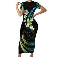 Hawaii Map Kanaka Maoli Short Sleeve Bodycon Dress Fantastic Frangipani Chartreuse Cyan