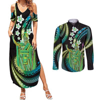 Hawaii King Kamehameha Couples Matching Summer Maxi Dress and Long Sleeve Button Shirt Fantastic Plumeria Chartreuse Cyan