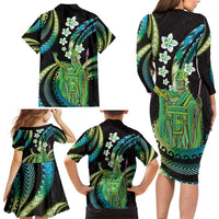 Hawaii King Kamehameha Family Matching Long Sleeve Bodycon Dress and Hawaiian Shirt Fantastic Plumeria Chartreuse Cyan