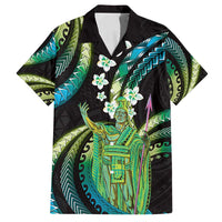 Hawaii King Kamehameha Family Matching Puletasi and Hawaiian Shirt Fantastic Plumeria Chartreuse Cyan LT01 Dad's Shirt - Short Sleeve Cyan - Polynesian Pride