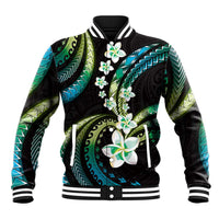 Hawaii Plumeria Baseball Jacket Chartreuse Cyan Polynesian Pattern