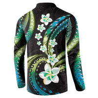 Hawaii Plumeria Button Sweatshirt Chartreuse Cyan Polynesian Pattern