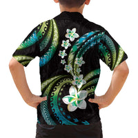 Hawaii Plumeria Family Matching Long Sleeve Bodycon Dress and Hawaiian Shirt Chartreuse Cyan Polynesian Pattern