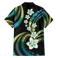 Hawaii Plumeria Family Matching Off Shoulder Short Dress and Hawaiian Shirt Chartreuse Cyan Polynesian Pattern