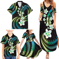 Hawaii Plumeria Family Matching Summer Maxi Dress and Hawaiian Shirt Chartreuse Cyan Polynesian Pattern