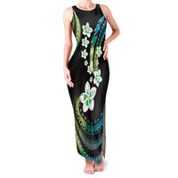 Hawaii Plumeria Family Matching Tank Maxi Dress and Hawaiian Shirt Chartreuse Cyan Polynesian Pattern