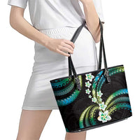 Hawaii Plumeria Leather Tote Bag Chartreuse Cyan Polynesian Pattern