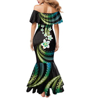 Hawaii Plumeria Mermaid Dress Chartreuse Cyan Polynesian Pattern