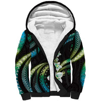 Hawaii Plumeria Sherpa Hoodie Chartreuse Cyan Polynesian Pattern