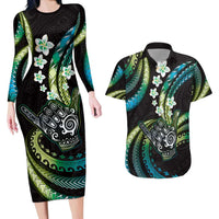 Hawaii Shaka Sign Couples Matching Long Sleeve Bodycon Dress and Hawaiian Shirt Fantastic Frangipani Chartreuse Cyan