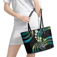Hawaii Shaka Sign Leather Tote Bag Fantastic Frangipani Chartreuse Cyan