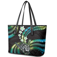 Hawaii Shaka Sign Leather Tote Bag Fantastic Frangipani Chartreuse Cyan