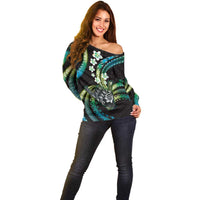 Hawaii Shaka Sign Off Shoulder Sweater Fantastic Frangipani Chartreuse Cyan