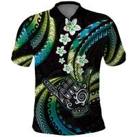 Hawaii Shaka Sign Polo Shirt Fantastic Frangipani Chartreuse Cyan