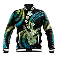 Hawaiian Ukulele Baseball Jacket Chartreuse Cyan Fantastic Plumeria LT01 Unisex Cyan - Polynesian Pride