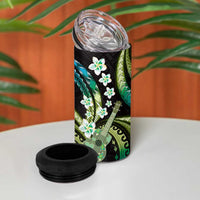 Hawaiian Ukulele 4 in 1 Can Cooler Tumbler Chartreuse Cyan Fantastic Plumeria