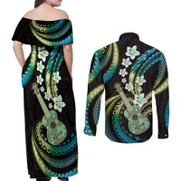 Hawaiian Ukulele Couples Matching Off Shoulder Maxi Dress and Long Sleeve Button Shirt Chartreuse Cyan Fantastic Plumeria