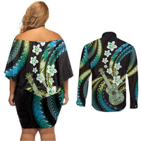 Hawaiian Ukulele Couples Matching Off Shoulder Short Dress and Long Sleeve Button Shirt Chartreuse Cyan Fantastic Plumeria LT01 - Polynesian Pride