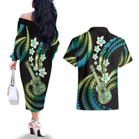 Hawaiian Ukulele Couples Matching Off The Shoulder Long Sleeve Dress and Hawaiian Shirt Chartreuse Cyan Fantastic Plumeria