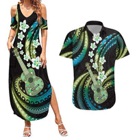 Hawaiian Ukulele Couples Matching Summer Maxi Dress and Hawaiian Shirt Chartreuse Cyan Fantastic Plumeria LT01 Cyan - Polynesian Pride
