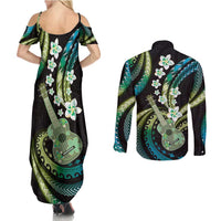Hawaiian Ukulele Couples Matching Summer Maxi Dress and Long Sleeve Button Shirt Chartreuse Cyan Fantastic Plumeria LT01 - Polynesian Pride