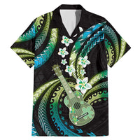 Hawaiian Ukulele Family Matching Mermaid Dress and Hawaiian Shirt Chartreuse Cyan Fantastic Plumeria LT01 Dad's Shirt - Short Sleeve Cyan - Polynesian Pride