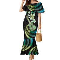 Hawaiian Ukulele Family Matching Mermaid Dress and Hawaiian Shirt Chartreuse Cyan Fantastic Plumeria LT01 Mom's Dress Cyan - Polynesian Pride