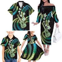 Hawaiian Ukulele Family Matching Off The Shoulder Long Sleeve Dress and Hawaiian Shirt Chartreuse Cyan Fantastic Plumeria LT01 - Polynesian Pride