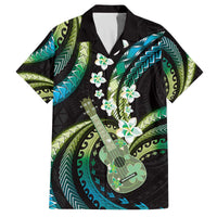Hawaiian Ukulele Family Matching Off The Shoulder Long Sleeve Dress and Hawaiian Shirt Chartreuse Cyan Fantastic Plumeria LT01 Dad's Shirt - Short Sleeve Cyan - Polynesian Pride