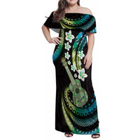 Hawaiian Ukulele Family Matching Off Shoulder Maxi Dress and Hawaiian Shirt Chartreuse Cyan Fantastic Plumeria