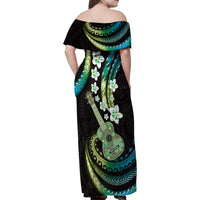 Hawaiian Ukulele Family Matching Off Shoulder Maxi Dress and Hawaiian Shirt Chartreuse Cyan Fantastic Plumeria