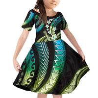 Hawaiian Ukulele Family Matching Off Shoulder Short Dress and Hawaiian Shirt Chartreuse Cyan Fantastic Plumeria LT01 Daughter's Dress Cyan - Polynesian Pride