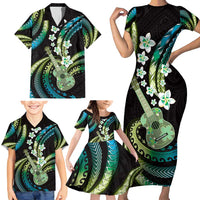 Hawaiian Ukulele Family Matching Short Sleeve Bodycon Dress and Hawaiian Shirt Chartreuse Cyan Fantastic Plumeria LT01 - Polynesian Pride