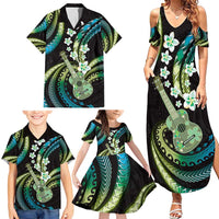 Hawaiian Ukulele Family Matching Summer Maxi Dress and Hawaiian Shirt Chartreuse Cyan Fantastic Plumeria LT01 - Polynesian Pride