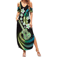 Hawaiian Ukulele Family Matching Summer Maxi Dress and Hawaiian Shirt Chartreuse Cyan Fantastic Plumeria LT01 Mom's Dress Cyan - Polynesian Pride