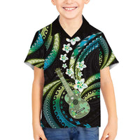 Hawaiian Ukulele Family Matching Tank Maxi Dress and Hawaiian Shirt Chartreuse Cyan Fantastic Plumeria LT01 Son's Shirt Cyan - Polynesian Pride